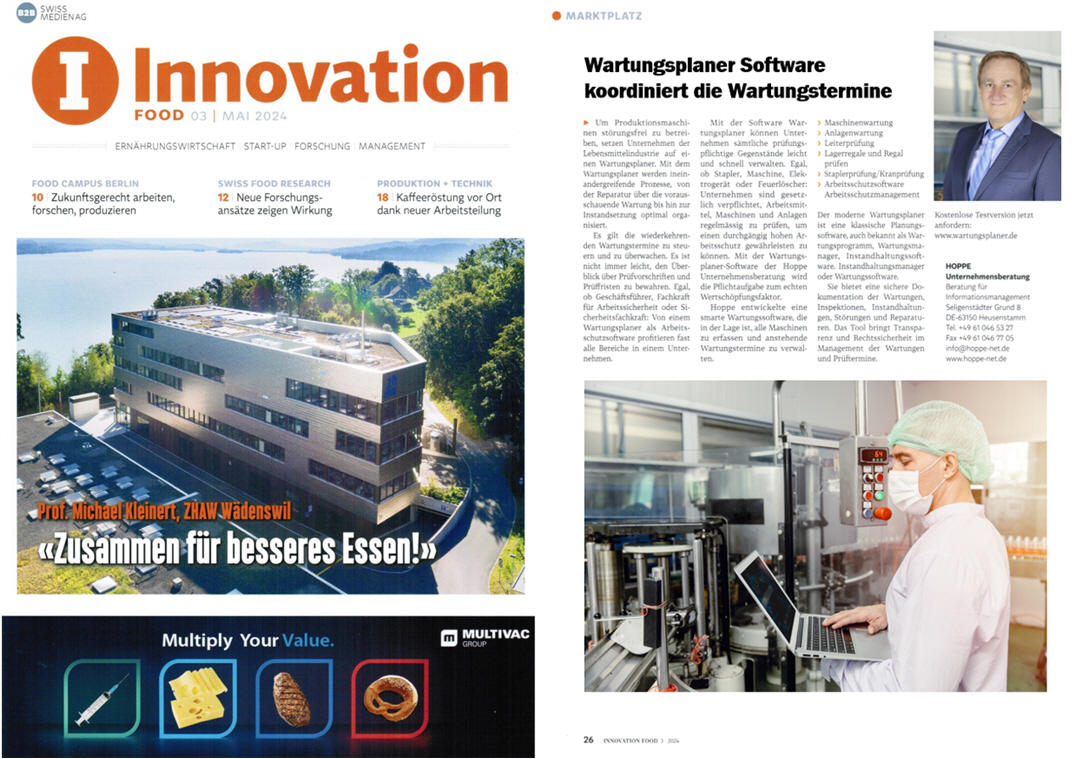 Innovation Food Mai/24 - B2B Swiss Medien AG. Wartungsplaner Software koordiniert die Wartungstermine