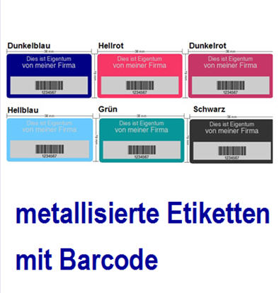 Inventaretiketten metallisiert mit Bacode 39. Nummerierung. Metallisie