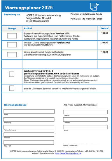 Bestellformular Wartungsplaner als PDF