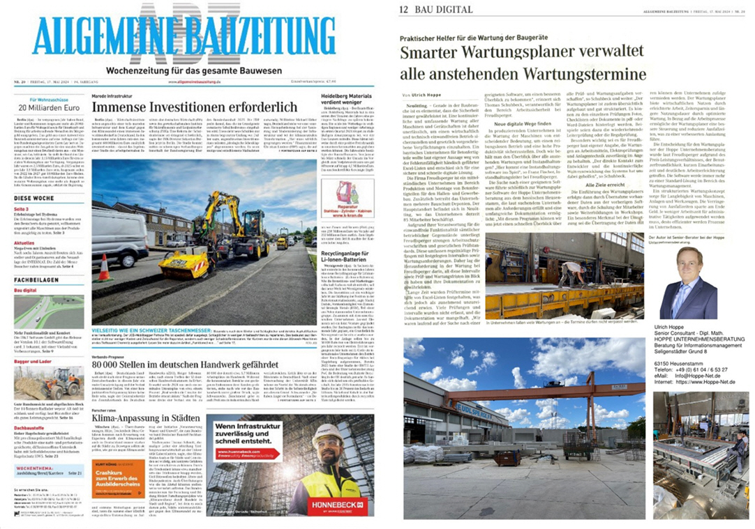 Allgemeine Bauzeitung Mai/24 -  Patzer Verlag. Smarter Wartungsplaner verwaltet knftig alle anstehenden Wartungstermine