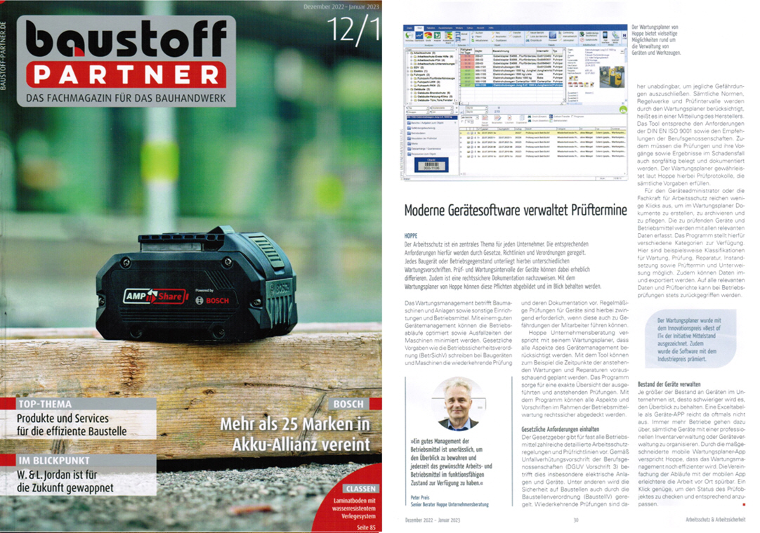 Baustoff Partner Fachmagazin Bauhandwerk / 01-23 SBM Verag GmbH, Moderne Gertesoftware verwaltet Prftermine