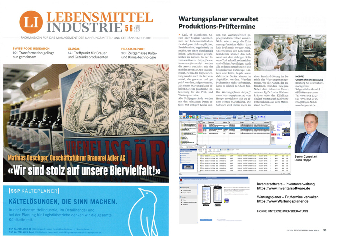 Lebensmittelindustrie Juli/24 - B2B Swiss Medien AG. Wartungsplaner verwaltet Produktions-Prftermine