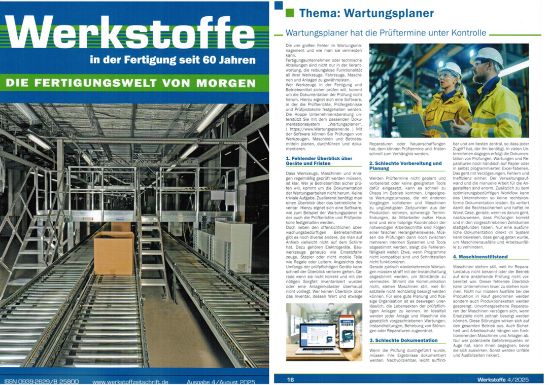Werkstoffe in der Fertigung  HW Verlag / 06-25 Wartungsplaner Software hat die Prftermine unter Kontrolle